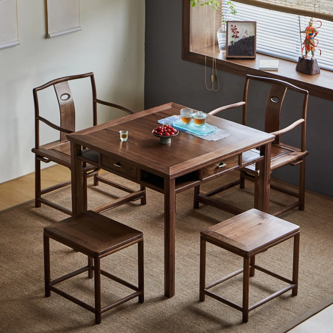 歆三明新中式实木方桌餐桌棋牌桌黑胡桃木八仙桌可定制