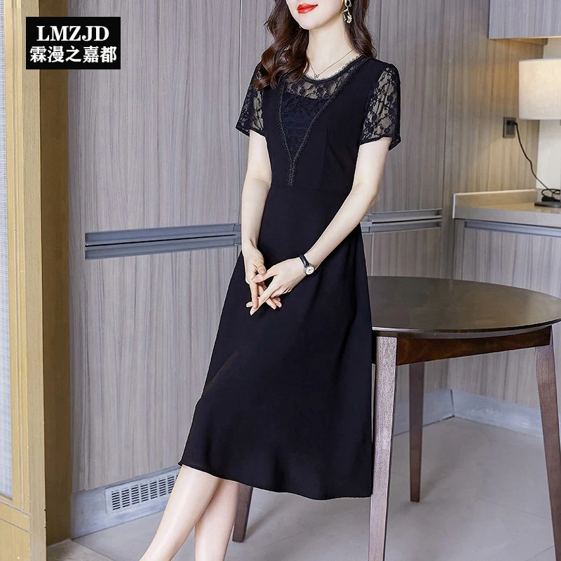 高端女装短袖连衣裙2025夏季新款薄款减龄雪纺宽松显瘦宽松连衣裙