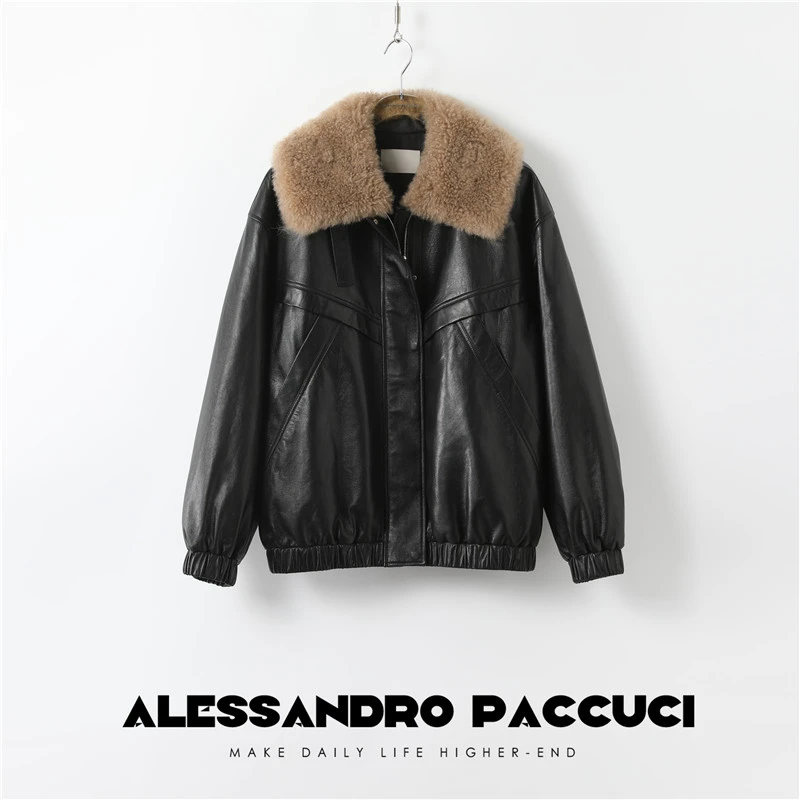 AP洛哥26338碎纹肌理羊皮 温暖山羊绒毛领夹驼绒 经典老钱皮衣