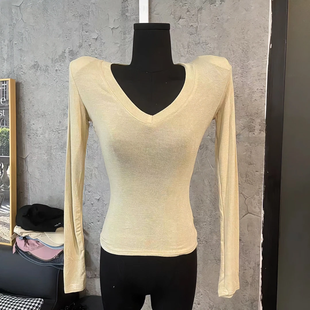 小裴定制【完美比例】新款秋季百搭性感柔软修身显瘦V领垫肩打底衫