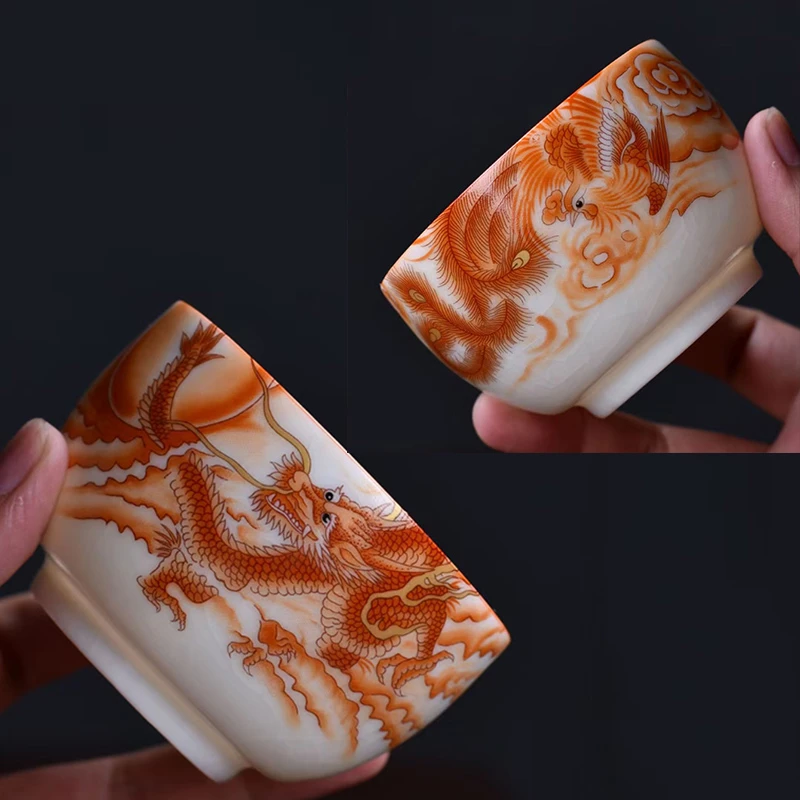 龙凤主人茶杯汝窑品茗杯高端陶瓷主人杯单杯功夫茶杯大号家用茶盏