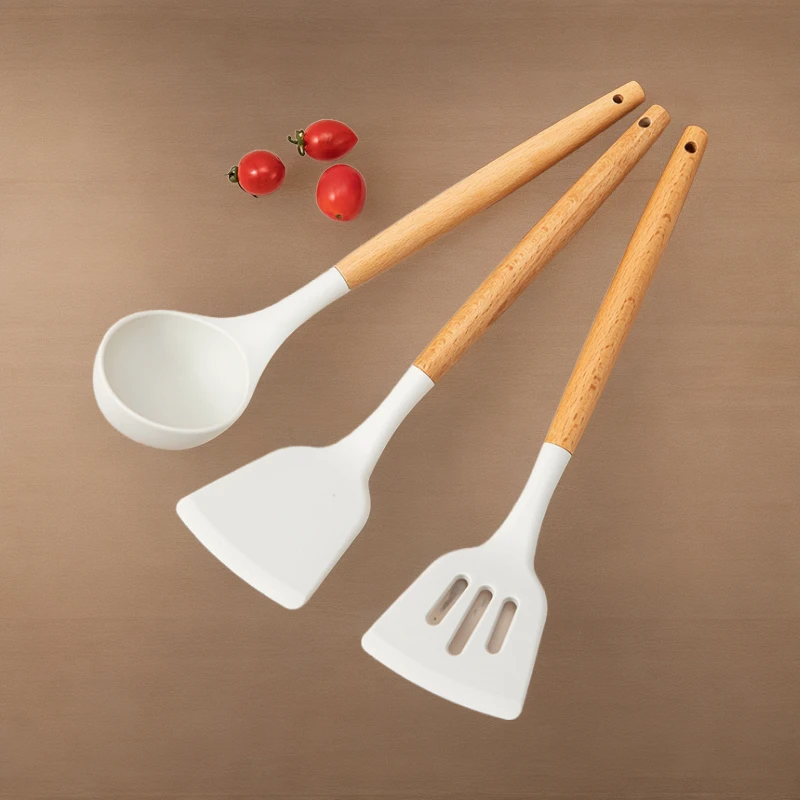 硅胶锅铲耐高温白色木柄汤勺家用烹饪不粘锅铲子铲勺厨房护锅铲