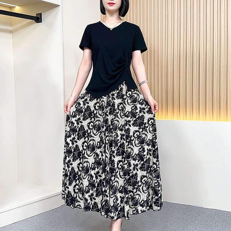 夏季新款短袖t恤半身裙两件套装休闲时尚中年气质妈妈装洋气套裙