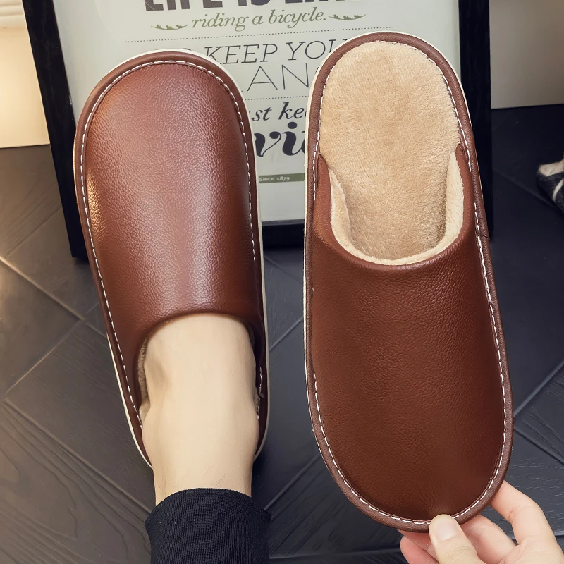 真皮棉拖鞋男女秋冬季居家室内防水防滑厚底家用毛绒保暖牛皮拖鞋