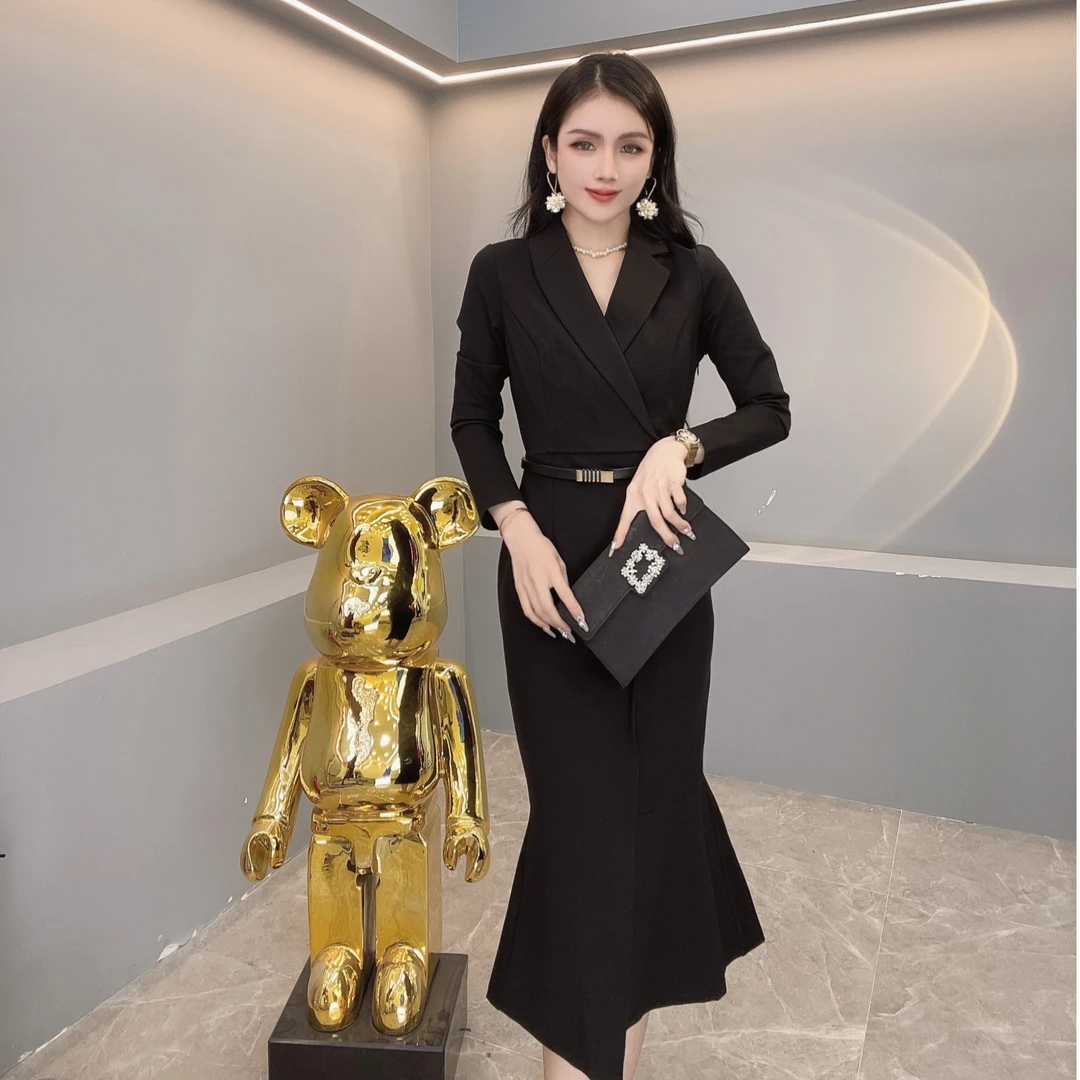 名媛气质晚宴礼服女新款法式优雅时尚长袖高端鱼尾裙连衣裙1051