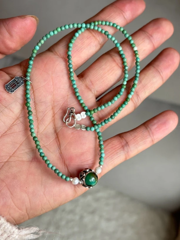 吊坠925银亚克力 非金属 925银锁骨链手工时尚绿色清新镶嵌长链