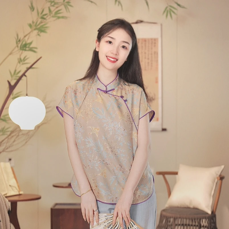 【鹊喜】新中式国风宋锦短袖上衣  01903-1PP