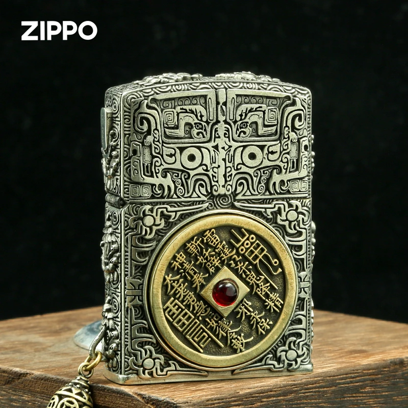 zippo打火机官方原装正版做旧旋转贴章深雕重甲套壳机山鬼花钱男