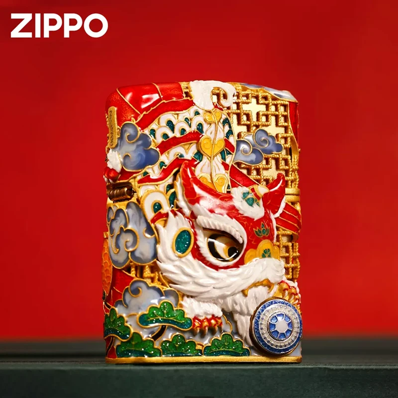 zippo打火机官方正版黄铜夜光珐琅套壳金色灵动舞狮煤油防风男士