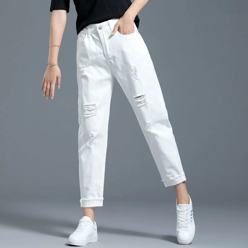 白色裤子破洞牛仔裤女士高腰显瘦薄款2025薄款九分女款裤子老爹裤
