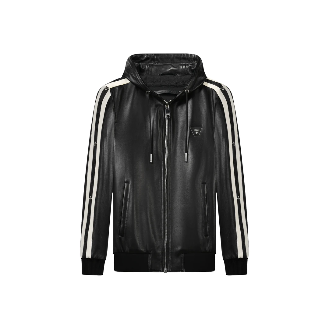 【亚萍男装】欧货潮牌连帽真皮夹克男款秋冬时尚休闲皮衣外套0604