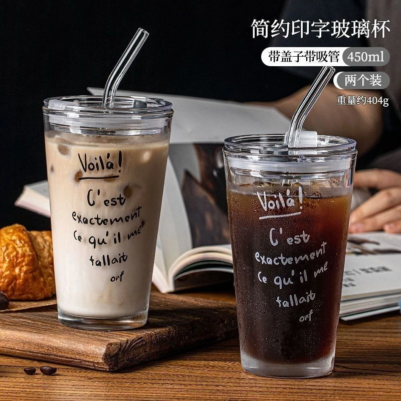 ins风法文字母大容量玻璃杯咖啡杯带盖高颜值水杯家用玻璃吸管杯