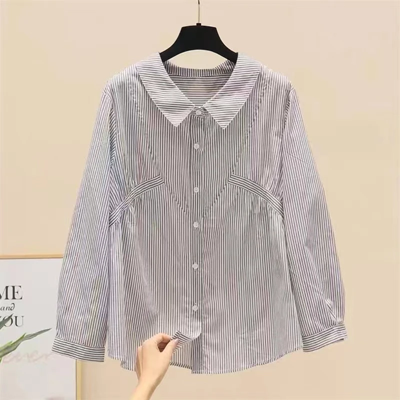 (小雪专属)条纹娃娃领衬衫春夏新款小清新收腰显瘦宽松设计感上衣