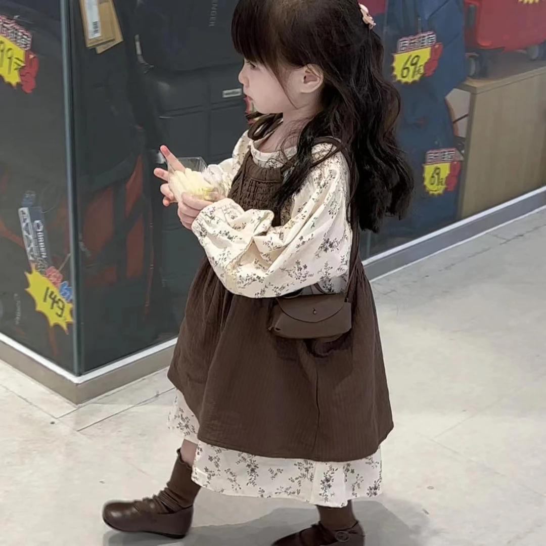 韩国森系春秋装儿童女宝宝新款24碎花洋气长袖裙+吊带裙两件套装