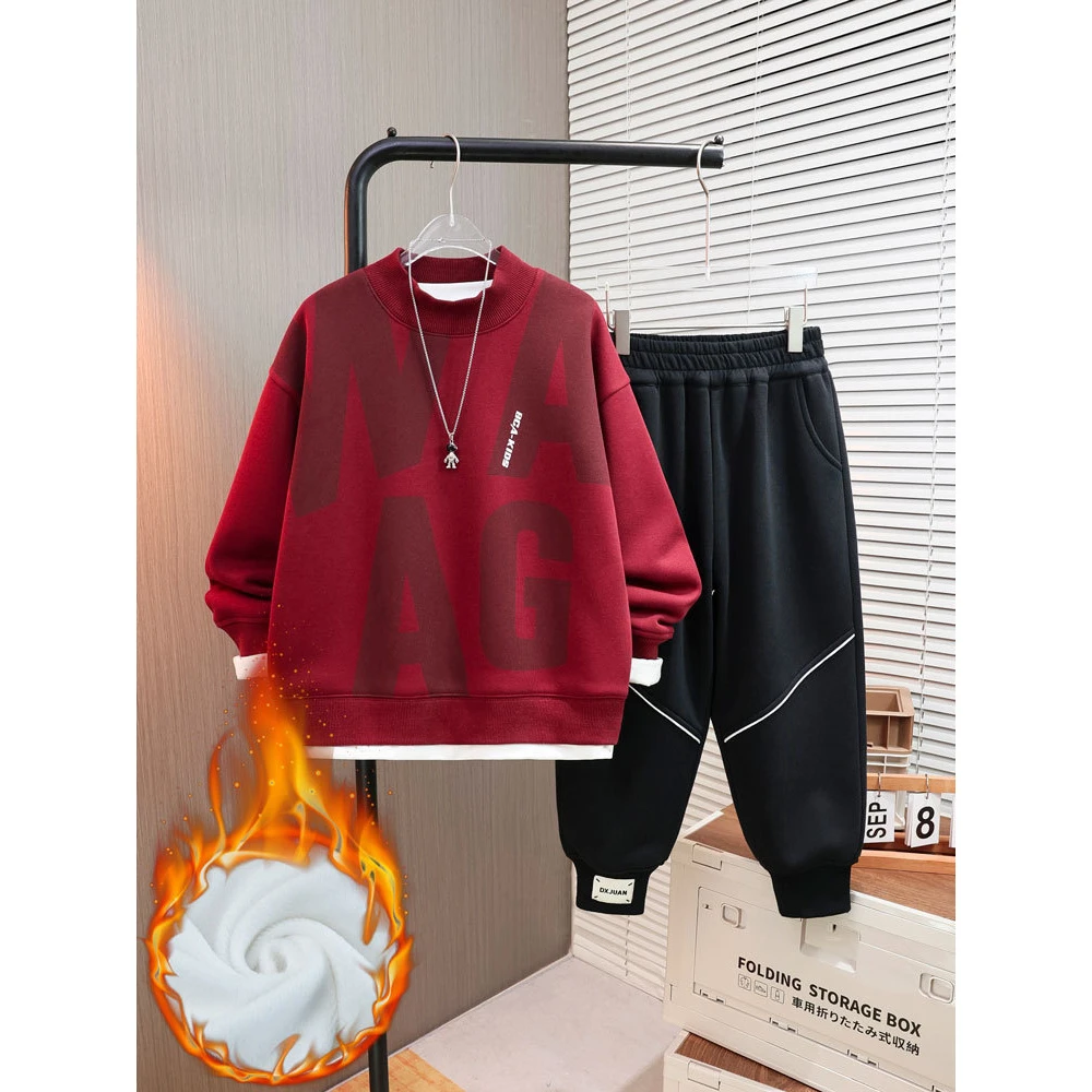 中大童假二件120-180码童装冬新款加绒加厚百搭红色卫衣加厚潮