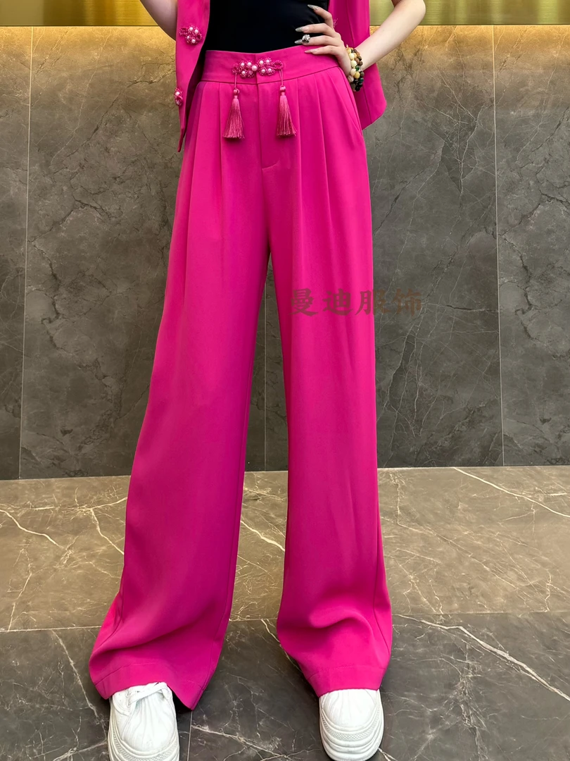 2046新国潮珍珠盘扣流苏松紧腰阔腿裤