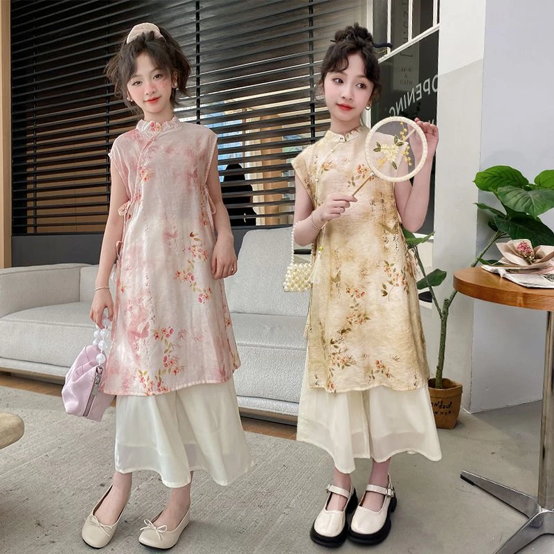 女童旗袍连衣裙夏款2024新款中大童中国风复古汉服裙子洋气两件套