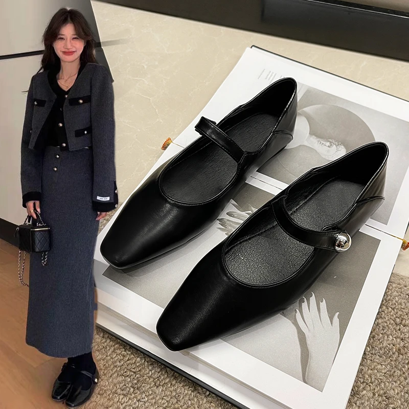 韩版复古软皮玛丽珍小皮鞋女2024春夏新款平跟软底一字带浅口单鞋