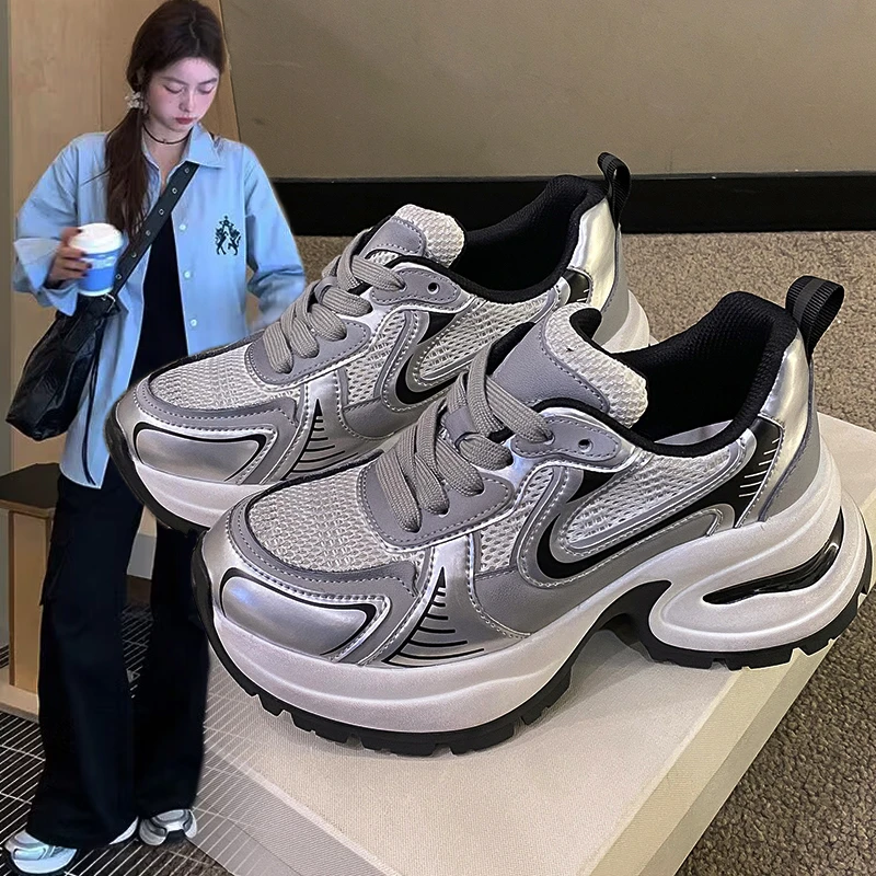 赵露思同款银色厚底运动鞋女复古老爹鞋ins超火网面系带休闲鞋潮