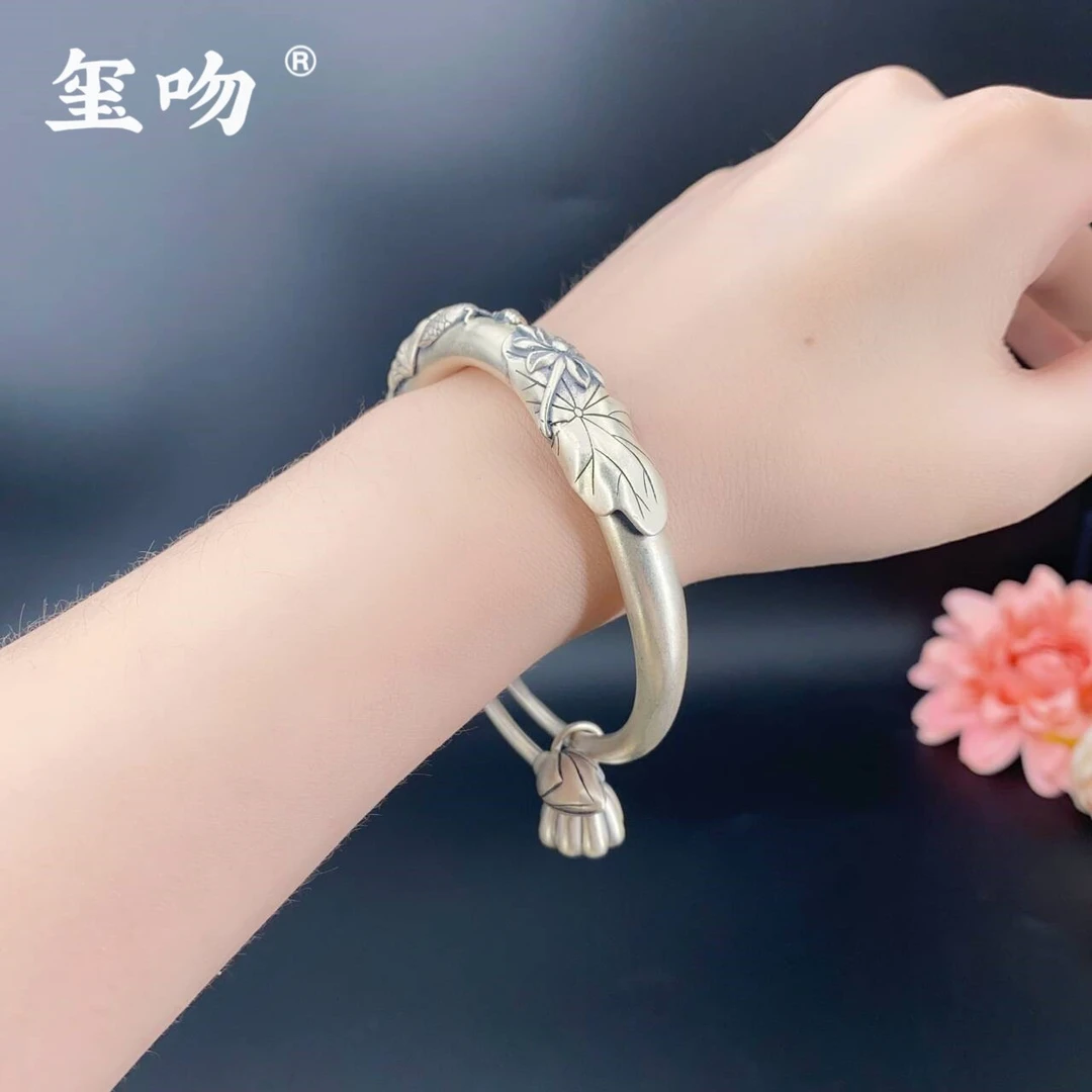 足银手镯 【玺吻】足银手工古法两世欢手镯鱼戏莲花手镯双11好物