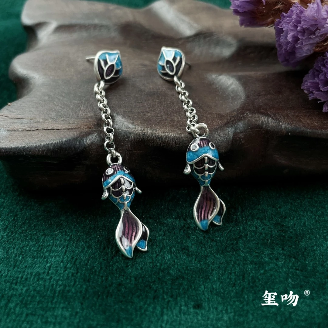 925银耳饰 【玺吻】s925银珐琅彩个性古风锦鲤金鱼流苏耳坠 ES119