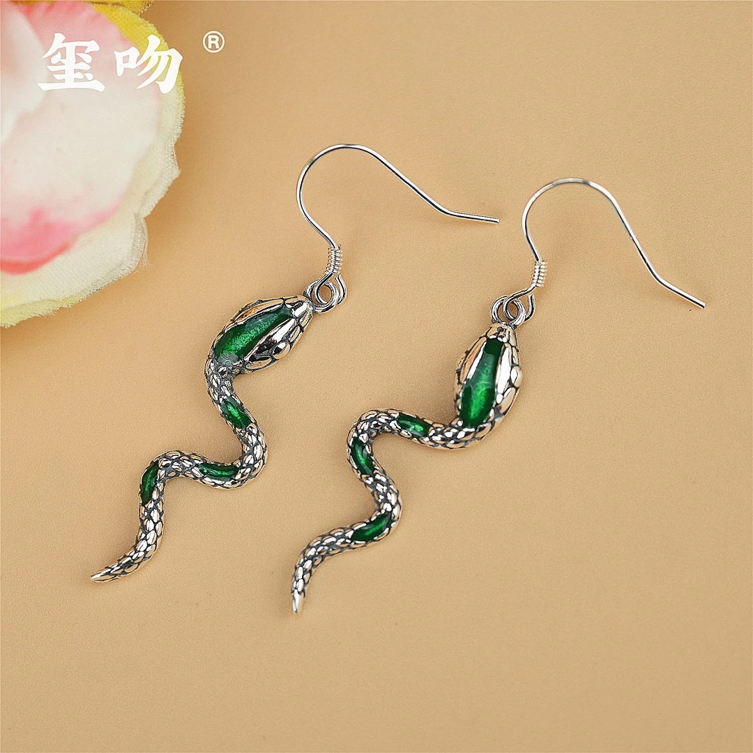925银耳饰 【玺吻】s925银 复古百搭款纯手工灵蛇纯银耳坠