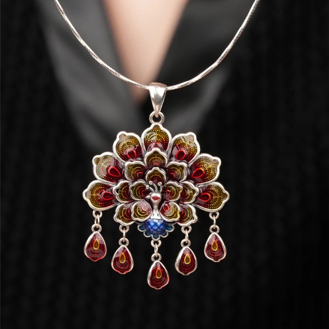 吊坠足银 【玺吻】足银 孔雀开屏吊坠孔雀百搭烧蓝工艺纯银国风吊坠