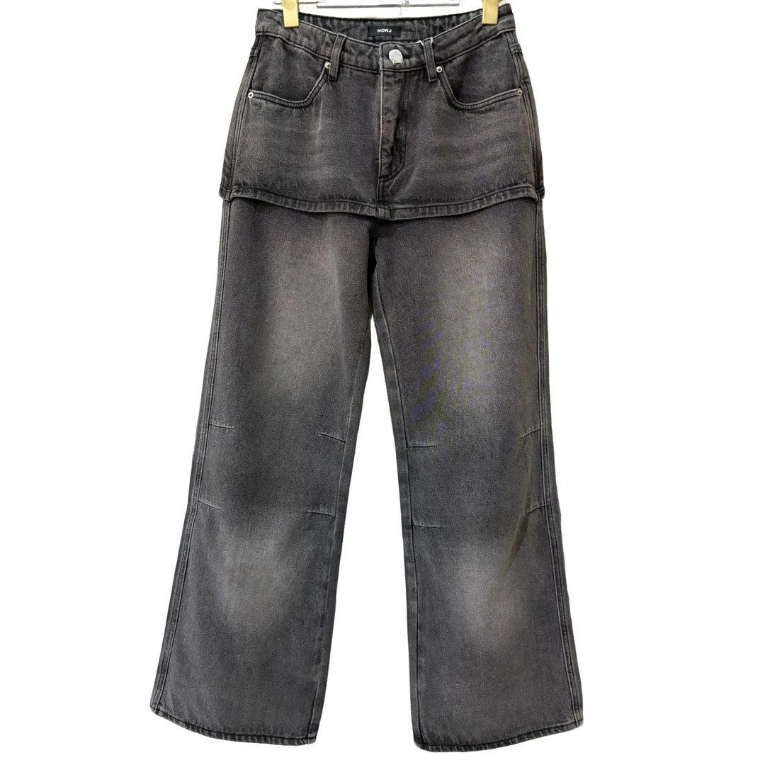 南油小众设计师新品假两件双层拼接牛仔裤