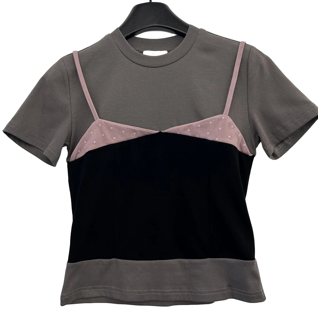 南油小众设计师新款假两件拼接双色T恤