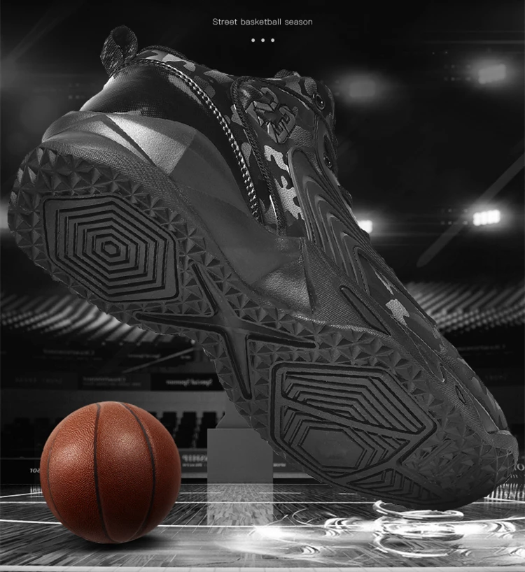 秋季新款皮面防水运动鞋防滑耐磨实战训练篮球鞋青少年纯黑色男鞋