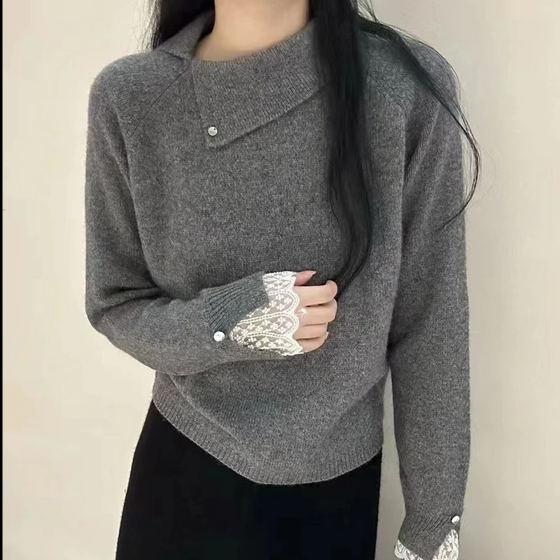 翻领蕾丝拼接套头针织衫女2024冬季新款宽松长袖内搭打底毛衣5019