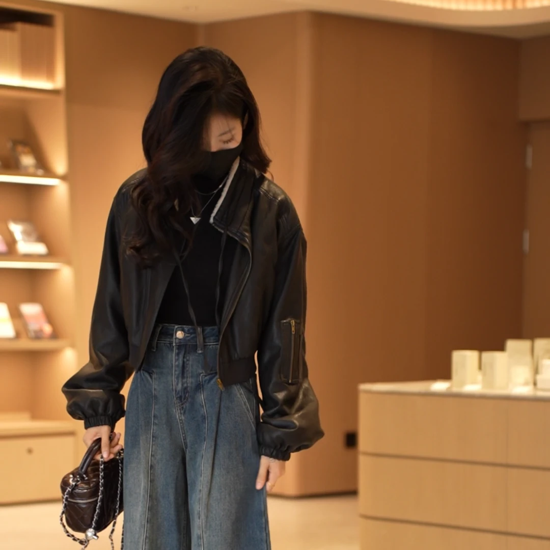 1016秋冬新款时尚百搭毛领加绒短款皮衣外套