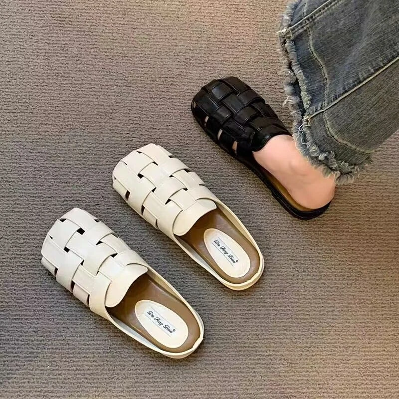 复古编织镂空包头半拖鞋女夏季外穿软底2024新款平底防滑穆勒凉拖