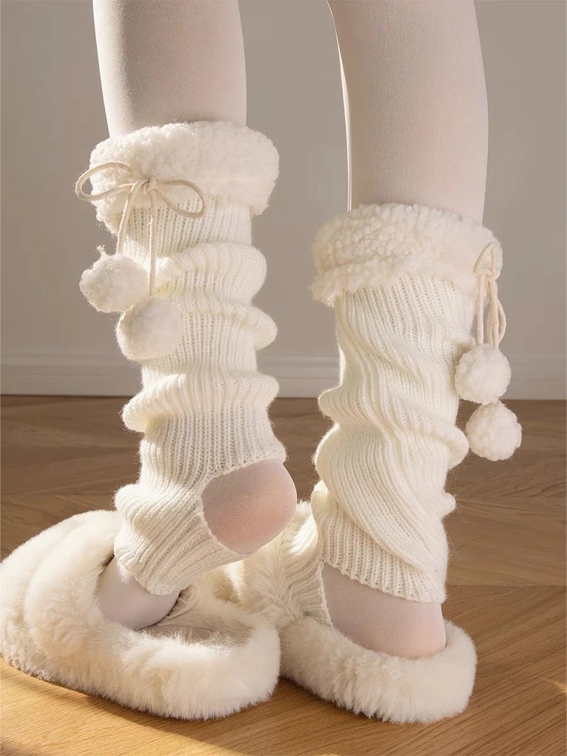 抵达一楼 羊羔毛针织袜套秋冬lolita可爱毛绒腿套日系jk花边中筒