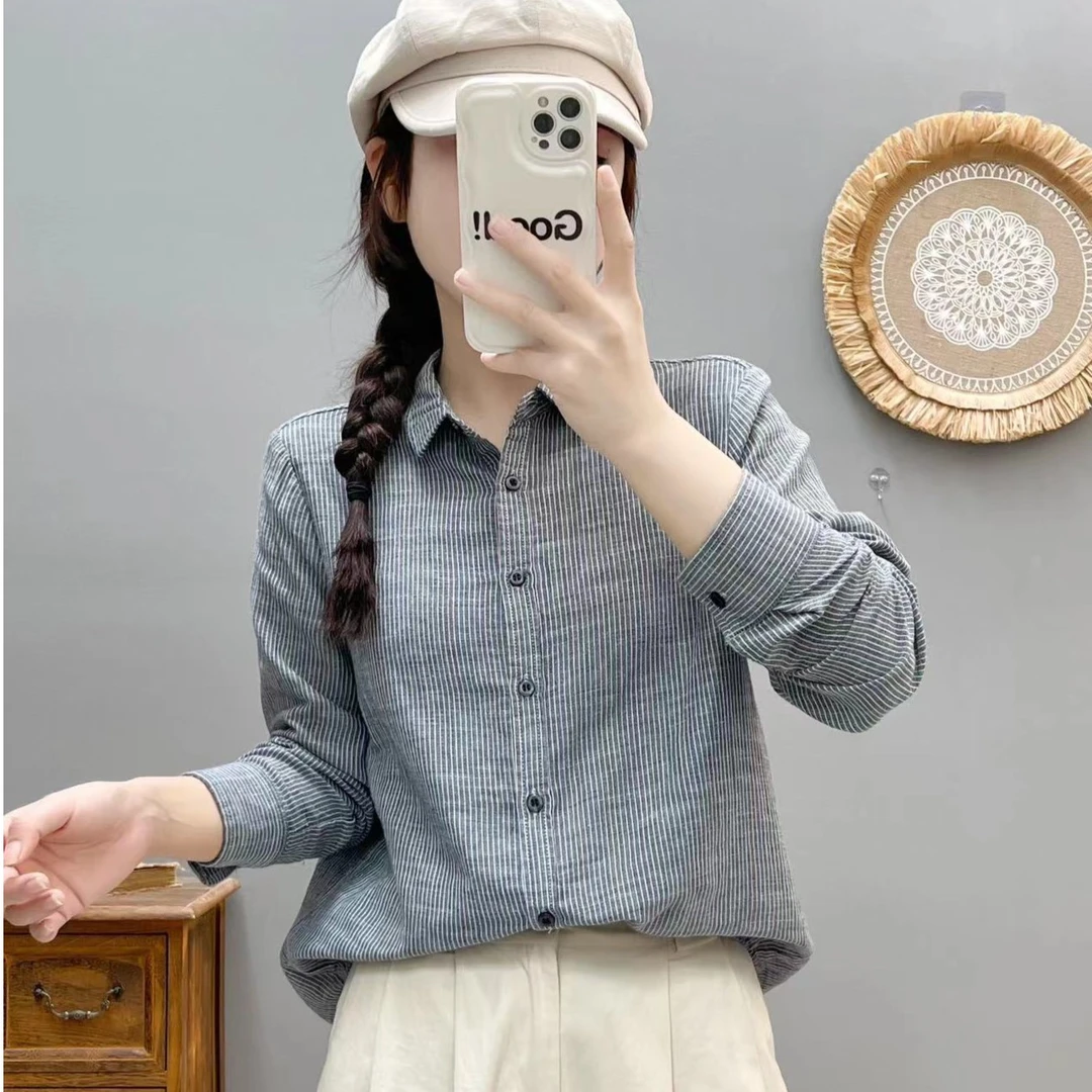 2025春季新款原创双织棉纱条纹衬衫女显领长袖空调衫舒适透气百搭