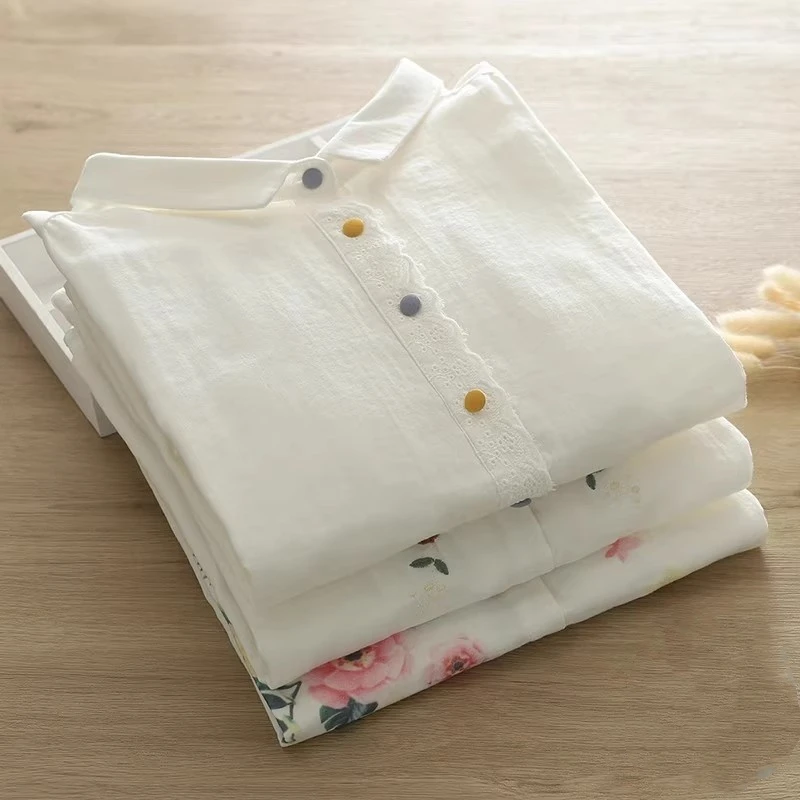 森系文艺小清新印花玫瑰花宽松大翻领双层棉纱全棉白衬衫女五分袖