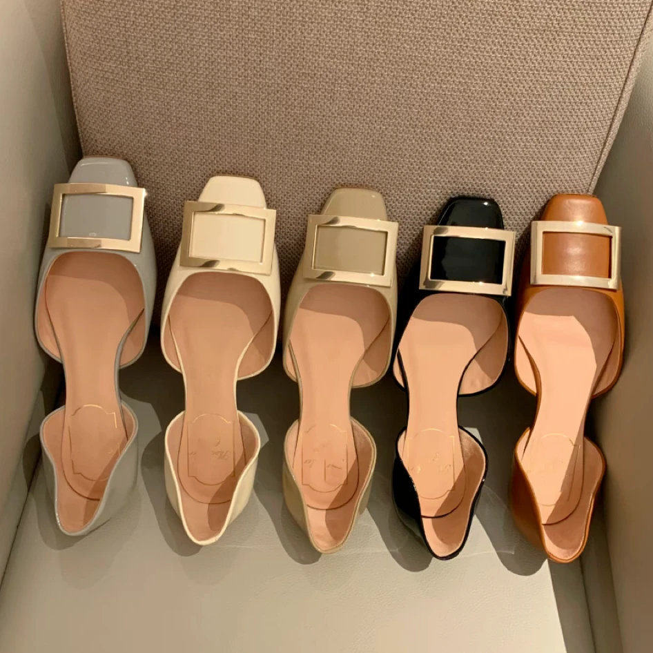 2024春秋网红时尚仙女风新款百搭单鞋圆头金属扣中空平跟女鞋