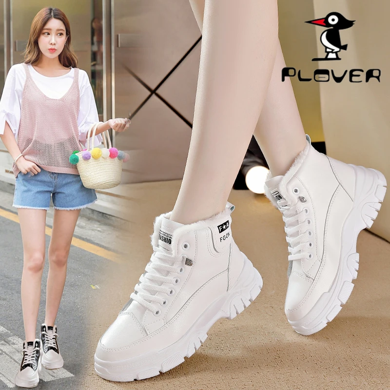 PLOVER正品秋冬新款加绒雪地靴女鞋厚底增高小白鞋韩版百搭高帮鞋
