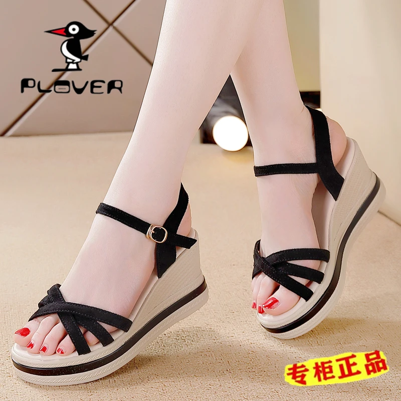 PLOVER品牌断码舒适坡跟凉鞋女一字带轻便防滑软底小个子增高凉鞋