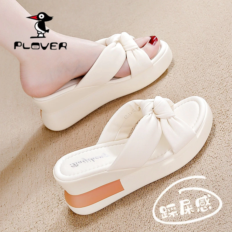 PLOVER网红薄款软底蝴蝶结坡跟拖鞋2024夏季薄款百搭外穿高跟拖鞋