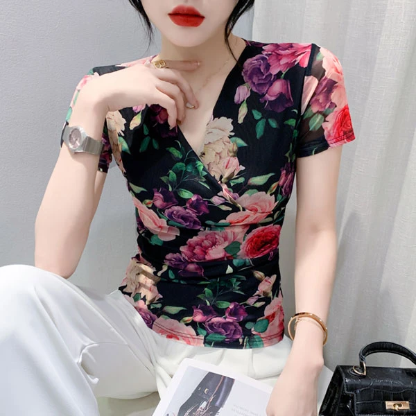 印花短袖t恤上衣女2023夏季百搭时尚交叉v领碎花气质显瘦洋气小衫