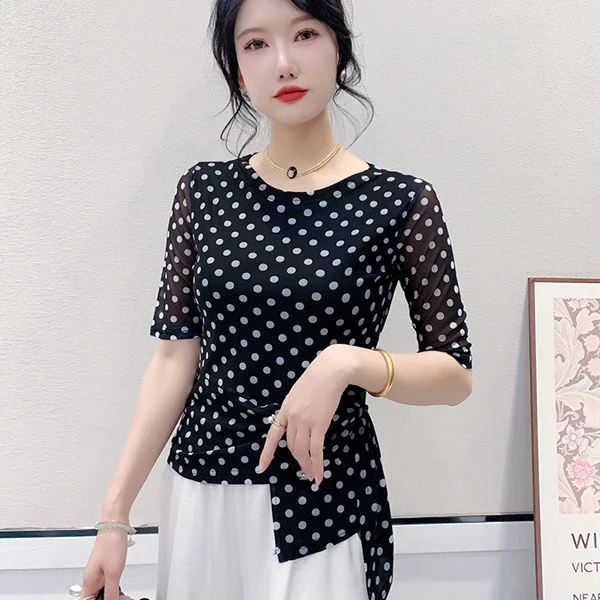 印花网纱圆领中袖T恤上衣女2025夏季百搭时尚洋气波点气质小衫女