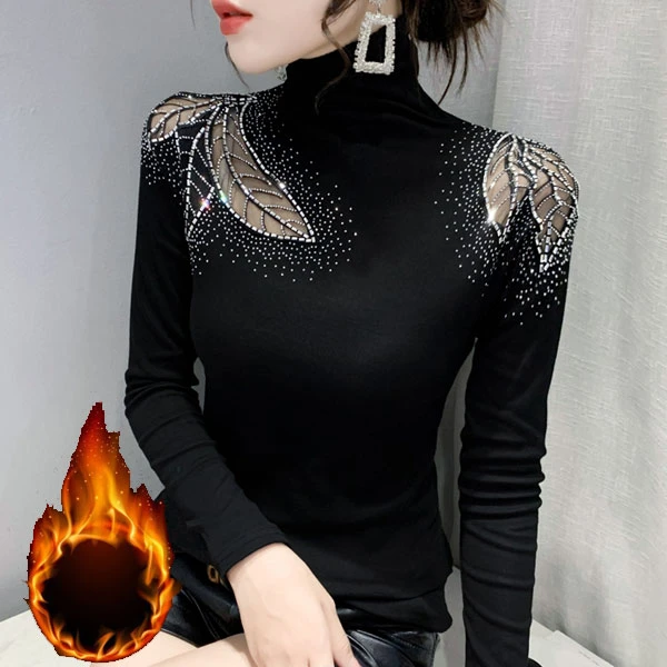 秋冬季高领烫钻镂空性感上衣女洋气外穿修身气质打底衫长袖小衫