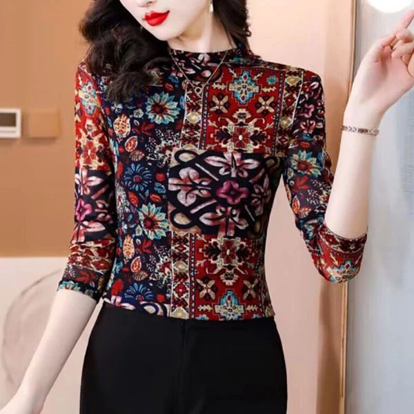 半高领网纱长袖打底衫女春秋季新款时尚印花内搭外穿修身大码上衣