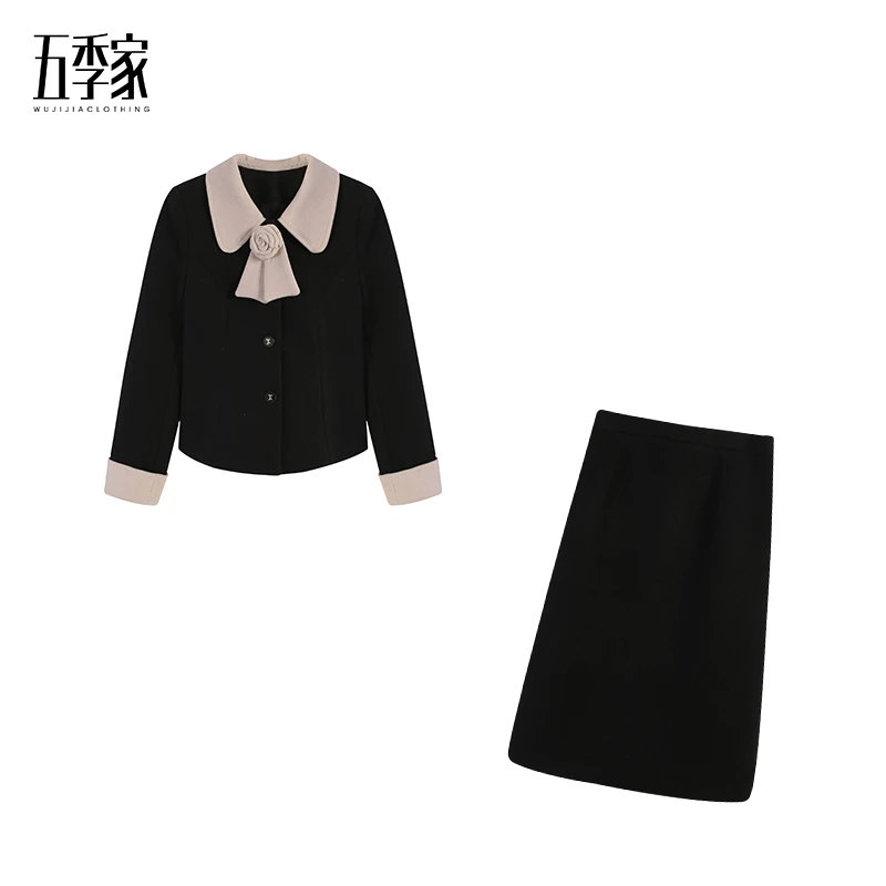 黑拼杏上衣+黑色长半裙两件套ZL100117