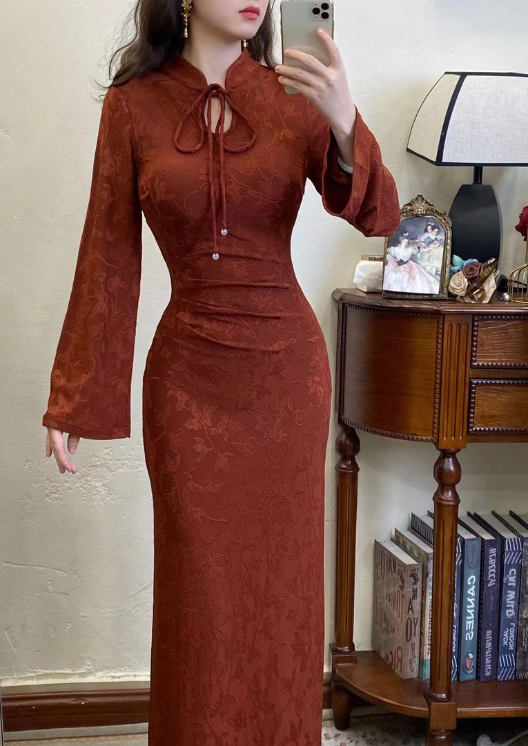 予溪自制【红砖】秋冬磨毛复古暗花纹女日常气质收腰改良旗袍连衣裙