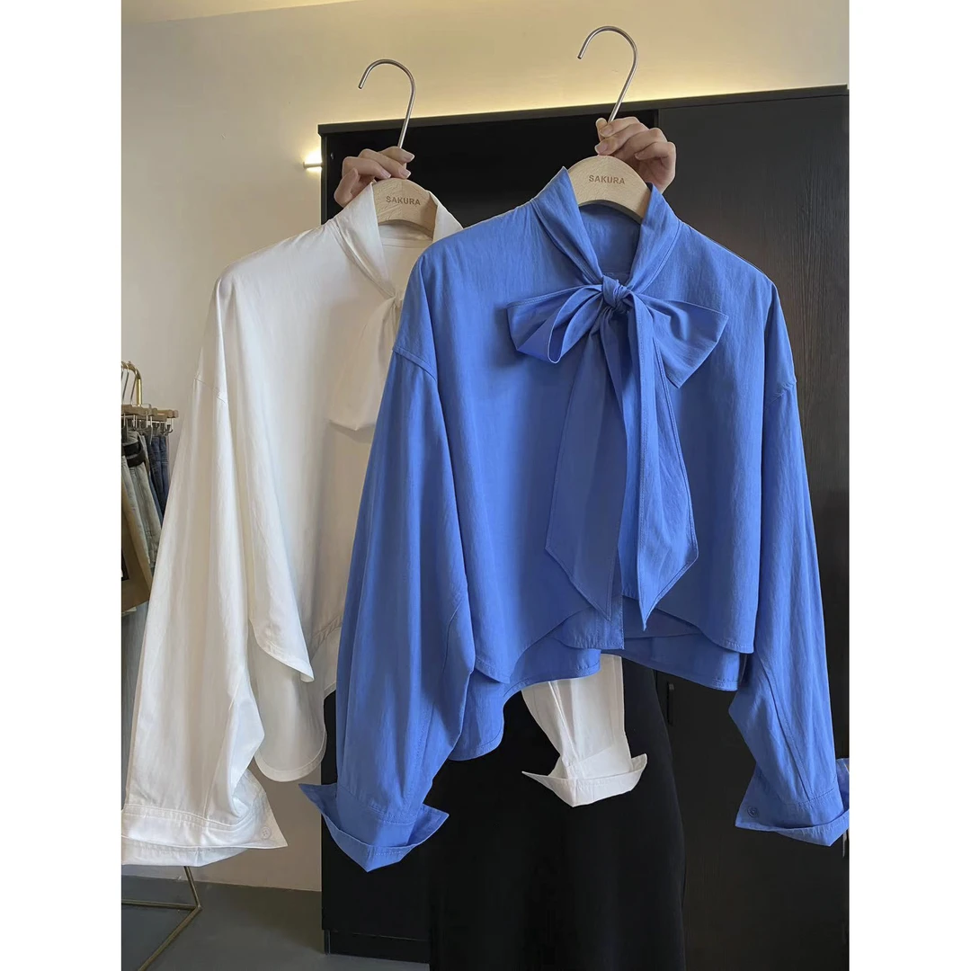 璎婲sᴀᴋᴜʀᴀ【蓝雾岛屿】曼韩系设计感蝴蝶结下摆不规则裁剪长袖衬衫