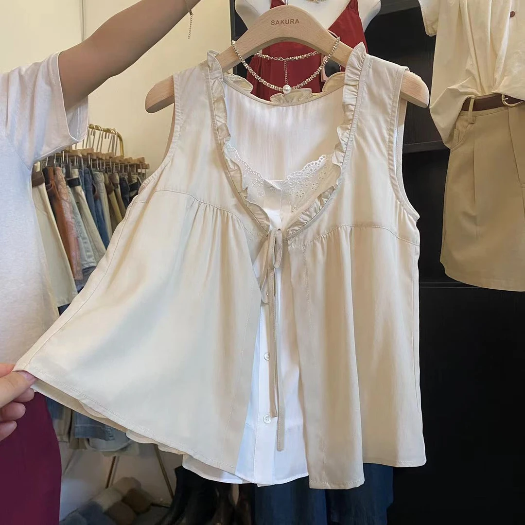 璎婲sᴀᴋᴜʀᴀ【洛伊甜度】曼法式少女蕾丝花边假两件洋气减龄无袖背心
