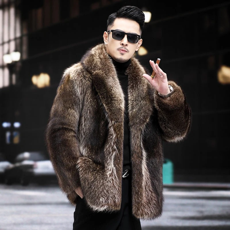男士时尚休闲中长款大码皮毛一体冬高档仿狐狸毛貂毛大衣外套加厚
