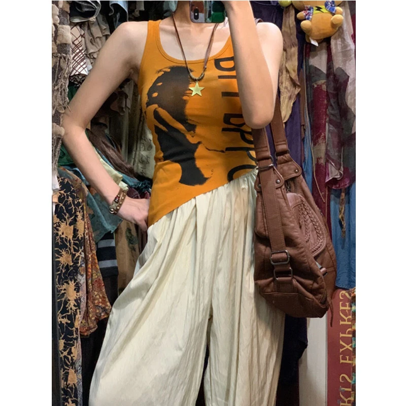 美式复古吊带背心女夏季修身显瘦短款不规则下摆别致无袖上衣辣妹